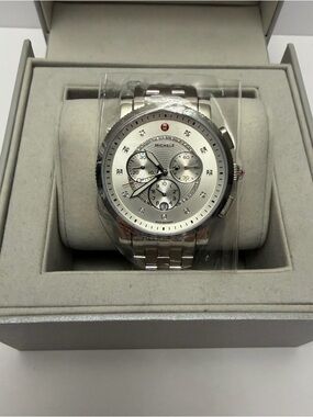 Michele Women’s Stainless Steel Chronograph Watch Diamond Markers Swiss Silver